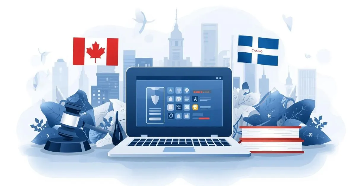 Illustration d’un ordinateur portable affichant une interface de jeu en ligne, entouré d’un marteau de juge et de livres de droit, avec les drapeaux du Canada et de la Finlande en arrière-plan.
