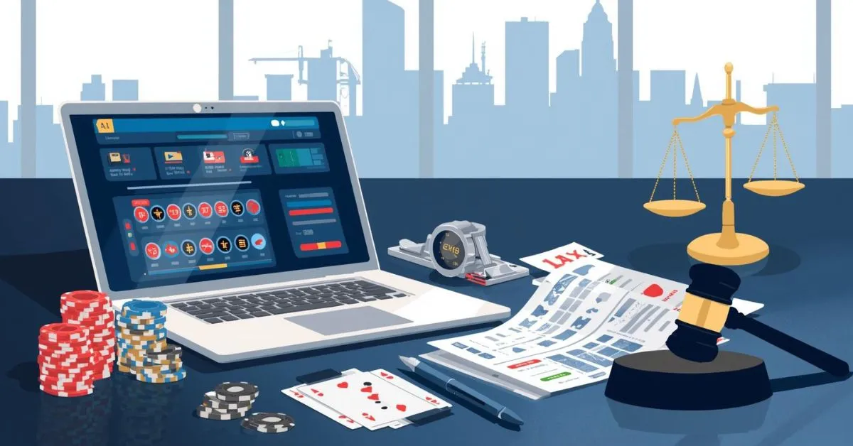 Illustration d’un ordinateur portable affichant une interface de casino en ligne, entouré de jetons de poker, cartes à jouer, documents fiscaux et symboles juridiques comme un marteau de juge et une balance de justice.