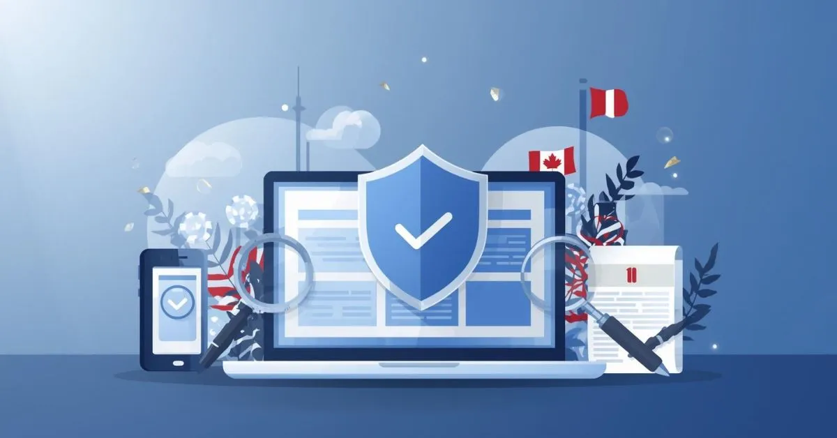 Illustration d’un ordinateur portable avec un bouclier de sécurité à l’écran, entouré d’une loupe, d’un smartphone et de documents, avec les drapeaux du Canada et du Pérou en arrière-plan.