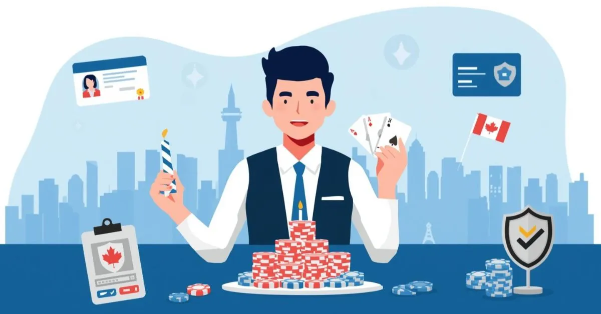 **Alt text :** > Illustration d’un joueur tenant des cartes et des jetons de casino, avec des symboles de vérification d’identité et de sécurité, ainsi qu’un drapeau canadien en arrière-plan.