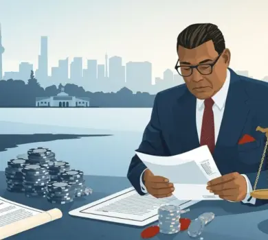 Illustration d’un régulateur examinant des documents légaux liés aux casinos en ligne, avec des jetons de casino et une balance de justice devant un paysage urbain canadien.