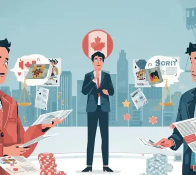 Illustration de deux experts discutant de la réglementation des casinos en ligne au Canada pendant qu’un joueur hésite entre différentes options, avec des jetons de casino et un symbole du Canada en arrière-plan.