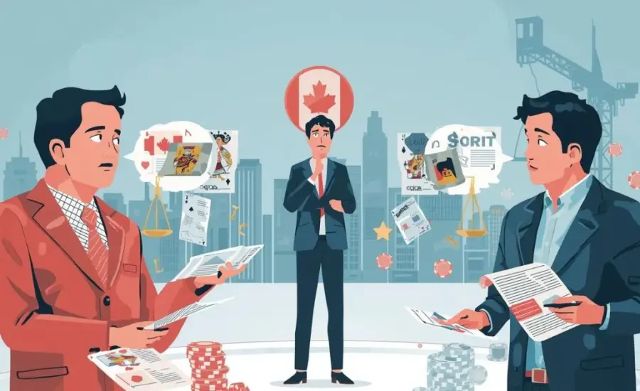 Illustration de deux experts discutant de la réglementation des casinos en ligne au Canada pendant qu’un joueur hésite entre différentes options, avec des jetons de casino et un symbole du Canada en arrière-plan.