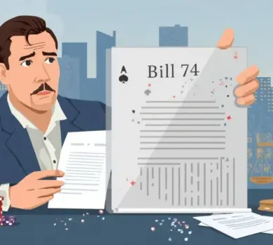 Illustration d’un homme examinant un document intitulé « Bill 74 » sur la réglementation des casinos en ligne au Québec, avec des jetons de casino et une balance de justice devant un paysage urbain canadien.
