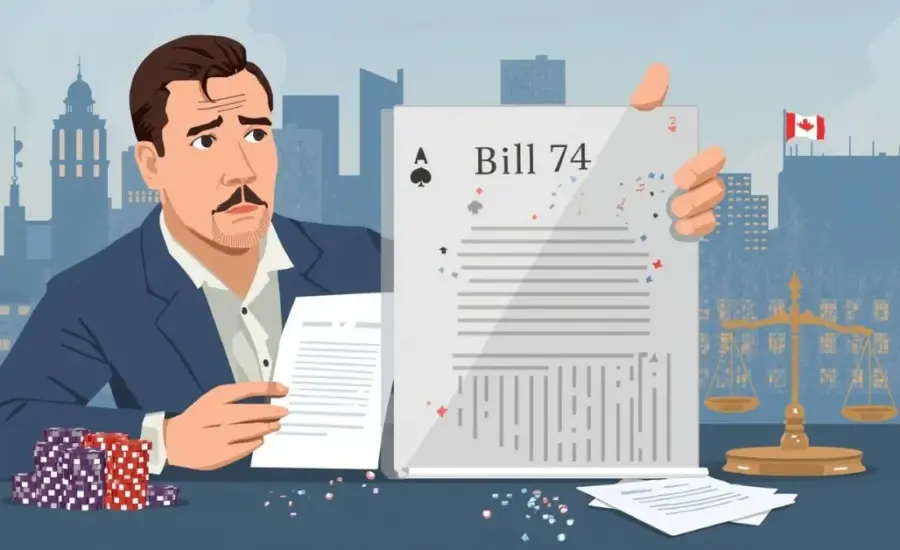 Illustration d’un homme examinant un document intitulé « Bill 74 » sur la réglementation des casinos en ligne au Québec, avec des jetons de casino et une balance de justice devant un paysage urbain canadien.